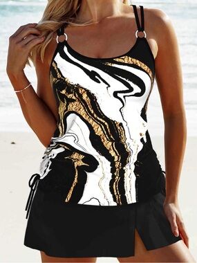 MODLILY Circular Ring Wave Print Tankini Swim Suit Set 1X